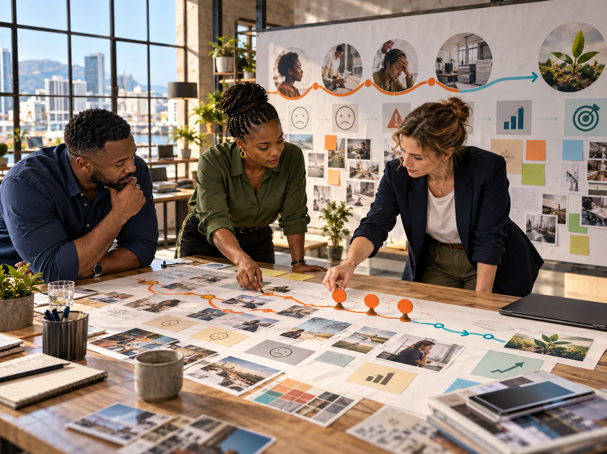 A team mapping out business workflows on a planning table before introducing AI