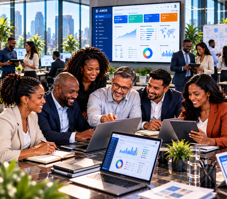 Team reviewing the A-Game Business Operating System dashboard around a conference table