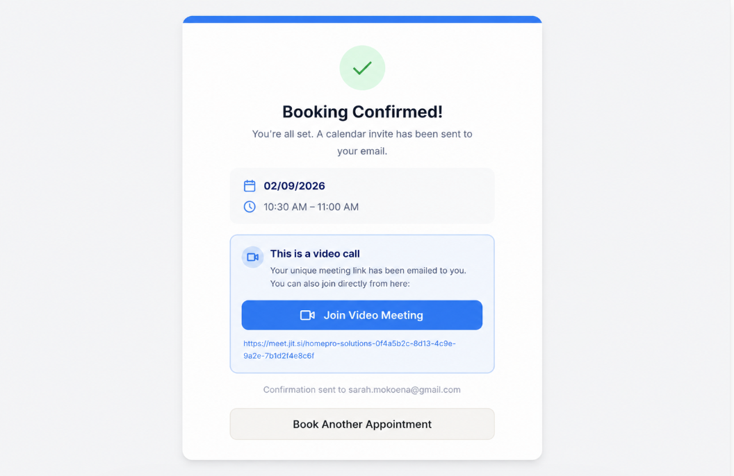 Booking confirmation screen with calendar invite details and a join video meeting link