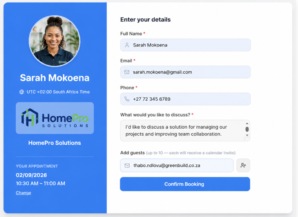 Booking details form capturing customer name, email, phone, discussion notes and guest invites