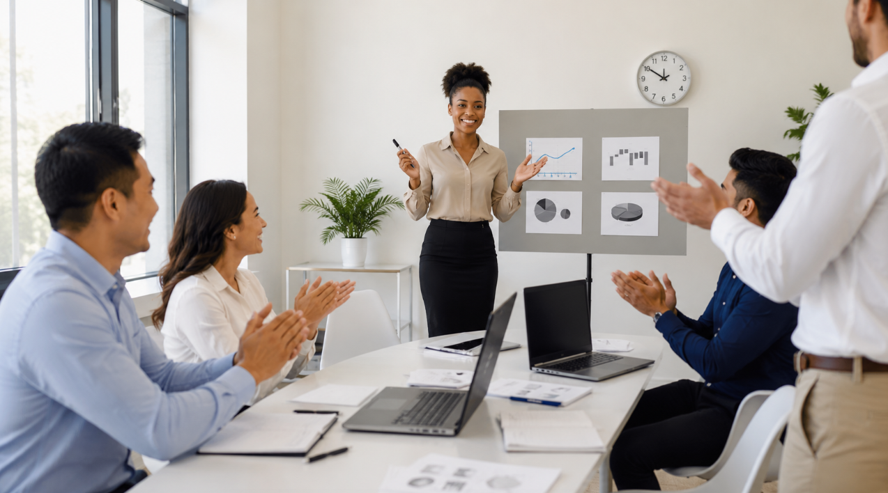 Sales professional presenting winning strategies to engaged team