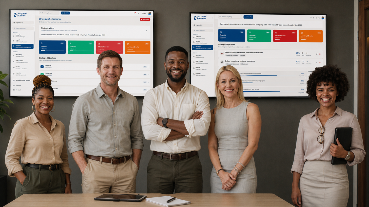 A team standing together in front of A-Game Business performance dashboards