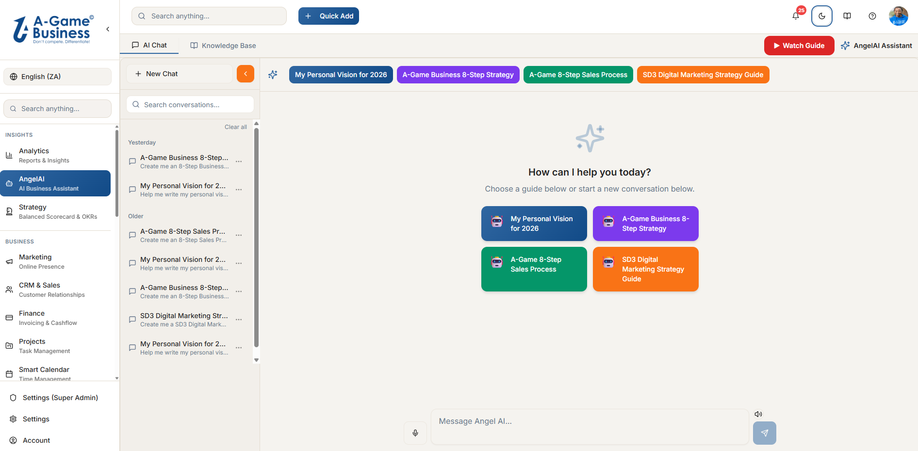 AngelAI chat screen — choose a guided programme or start a new conversation.