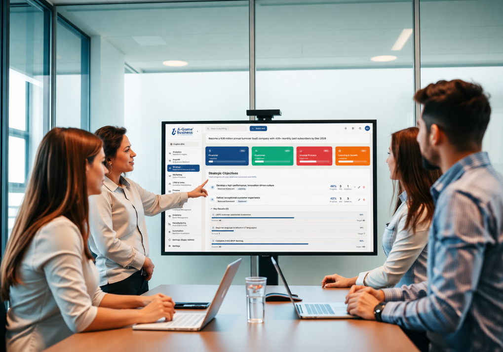 A-Game Business platform demo shown to a team on a boardroom screen