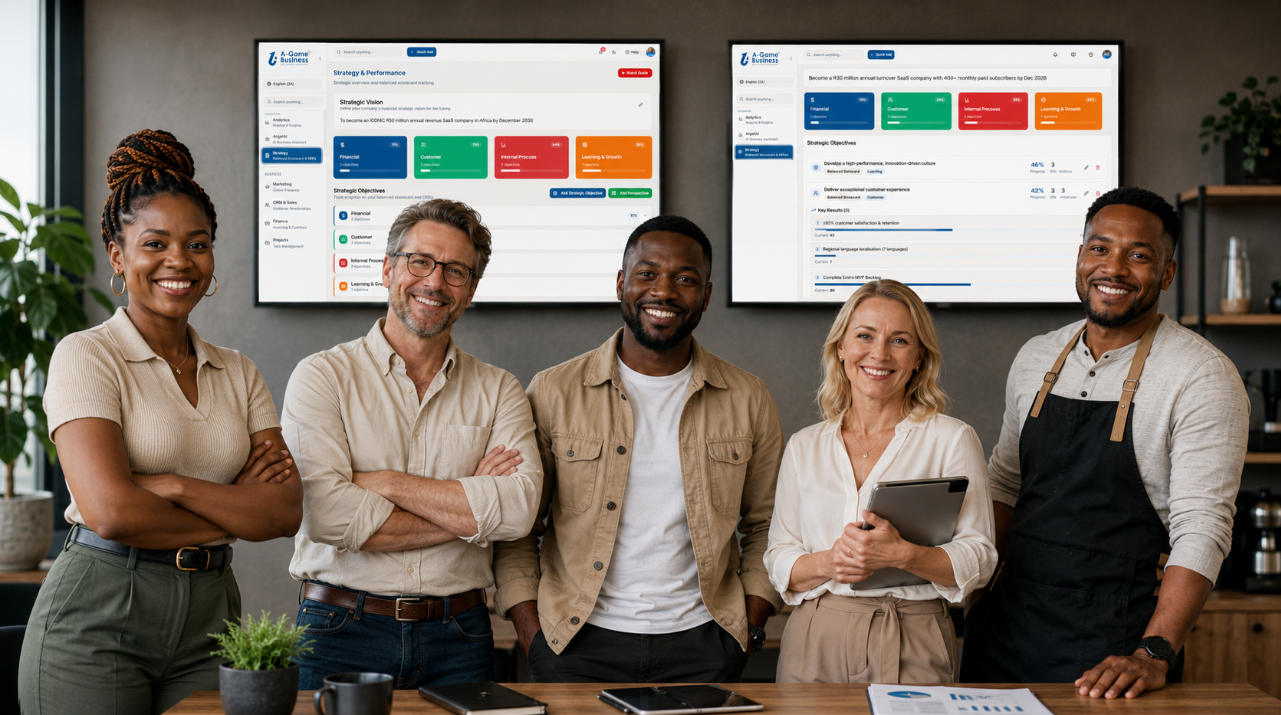 A-Game Business team standing in front of Strategy & Performance dashboards showing balanced scorecard and OKRs