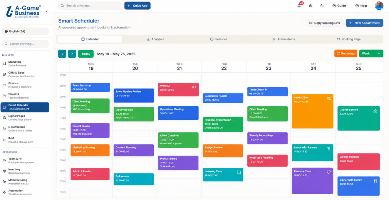 A-Game Business Smart Scheduler weekly calendar view with colour-coded appointments, client meetings and automated booking slots