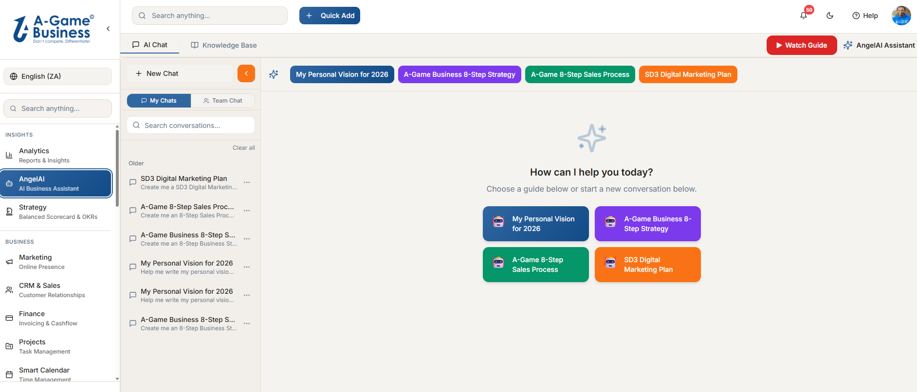 AngelAI Business Advisor interface showing guided programmes and AI conversations