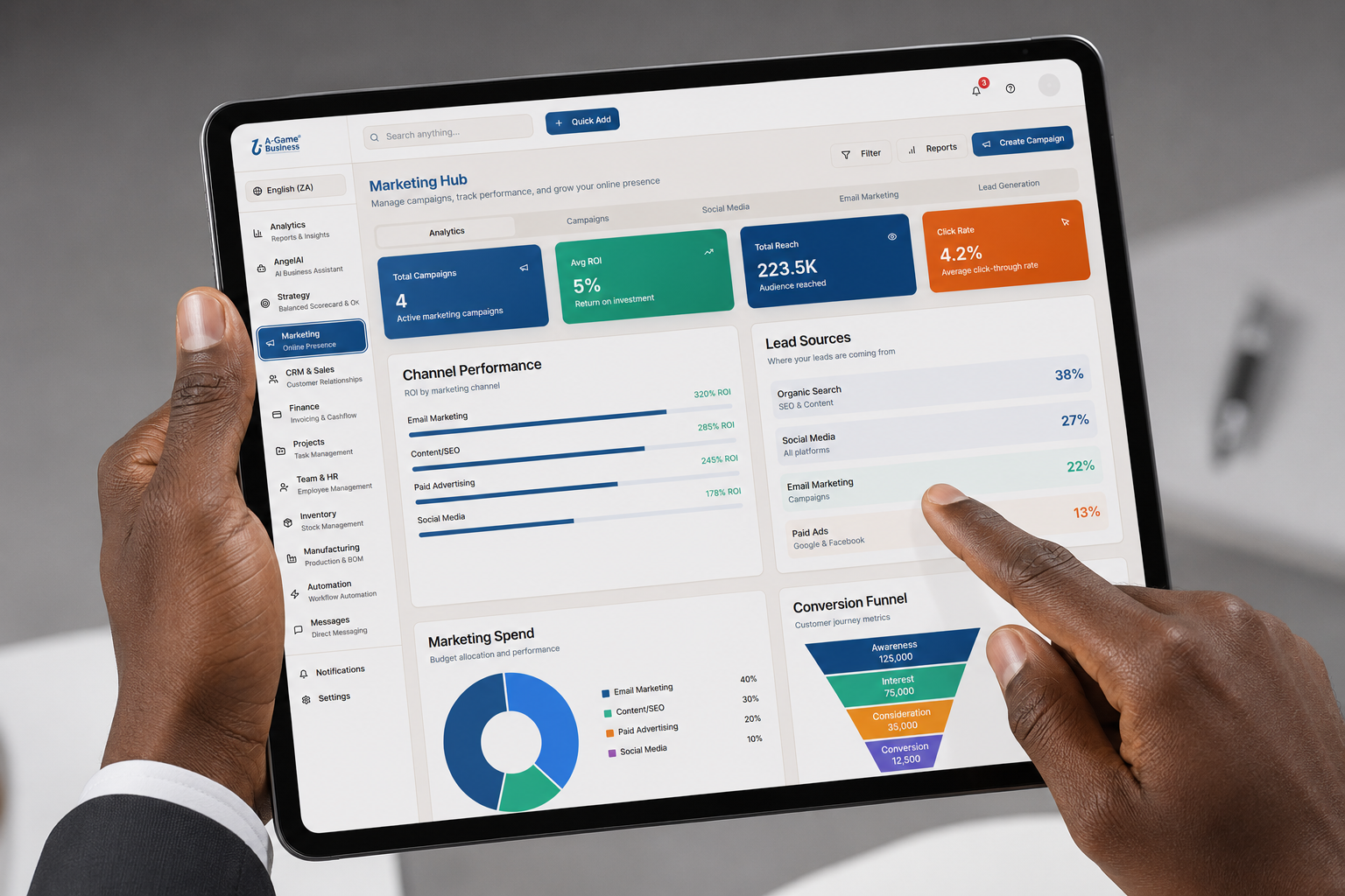A-Game Business CRM and Sales dashboard showing pipeline, contacts and sales analytics on a tablet