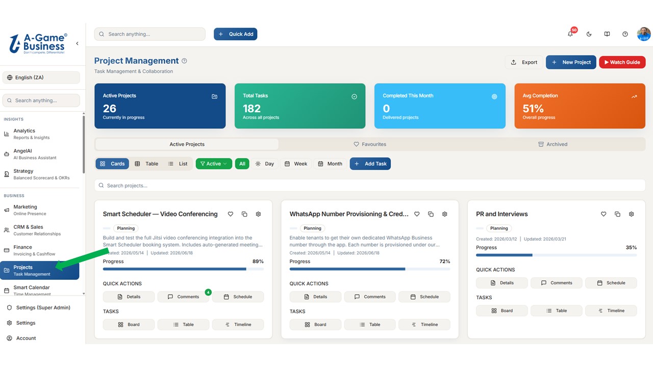Projects module opens on the Active Projects tab by default.