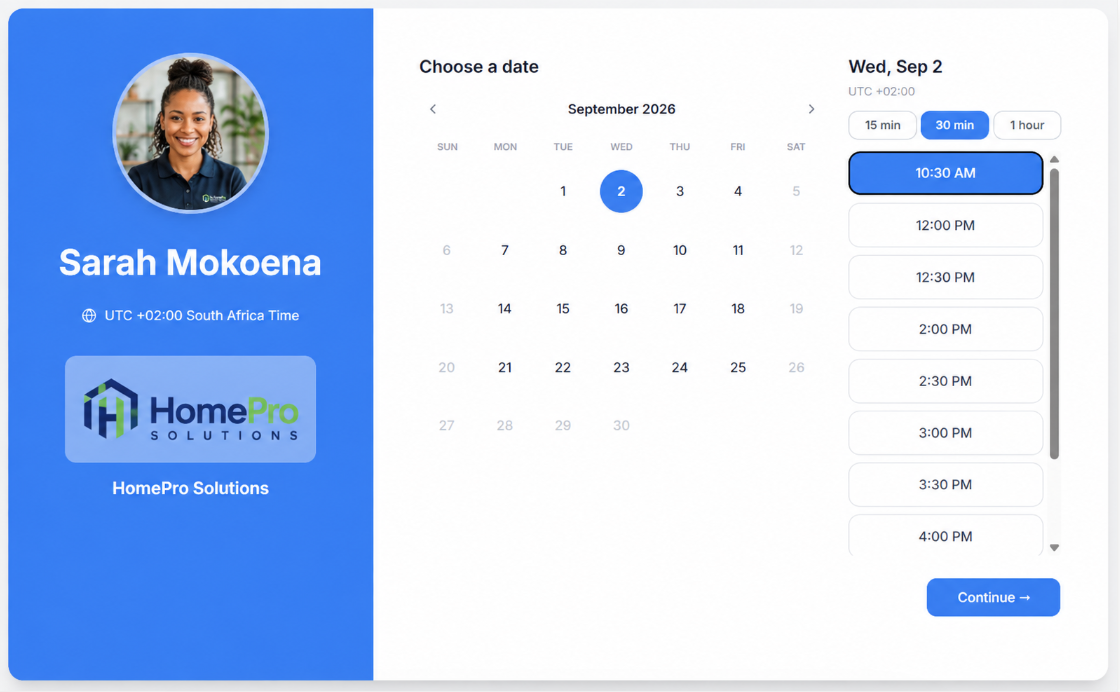 Public booking page showing date and time slot selection for a 30 minute appointment