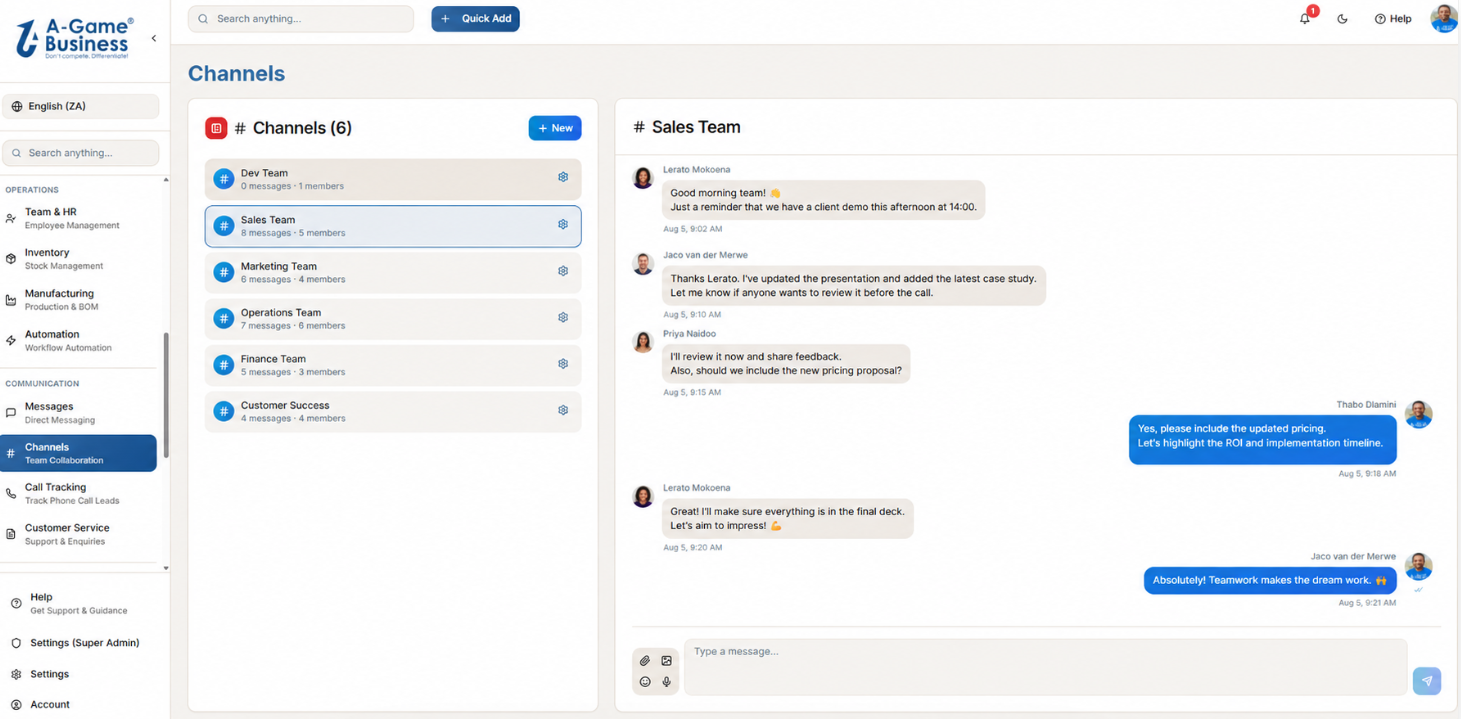 A-Game Business Messages and Channels screen showing direct messages and team channels in one connected workspace