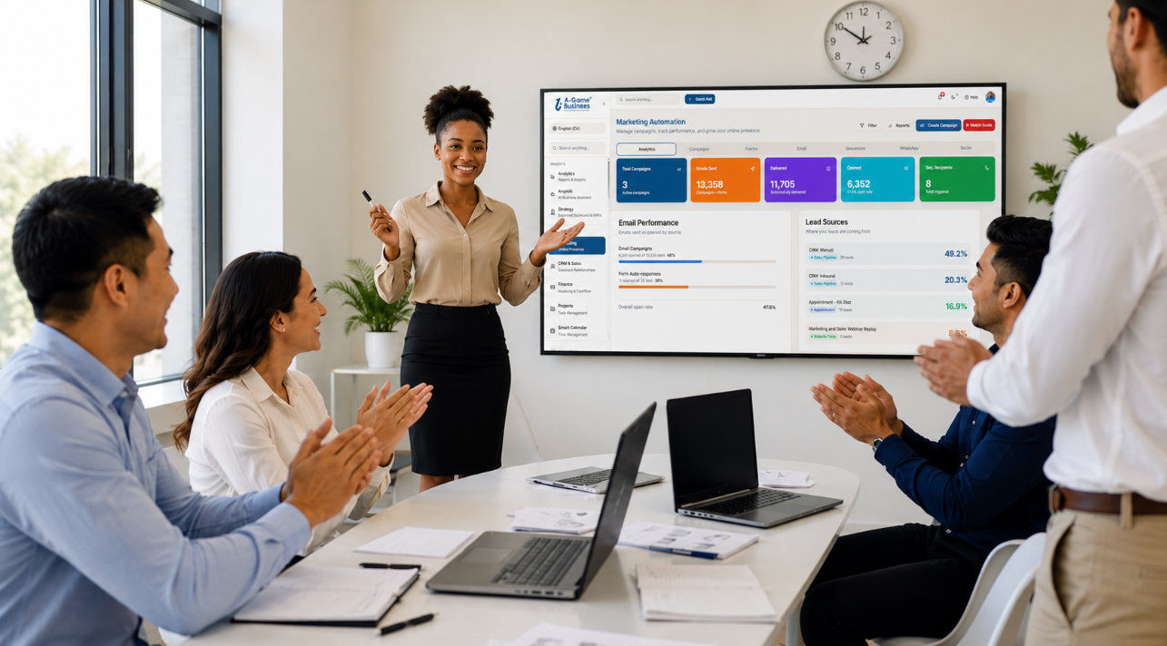 Facilitator presenting the A-Game Business marketing automation dashboard to a team