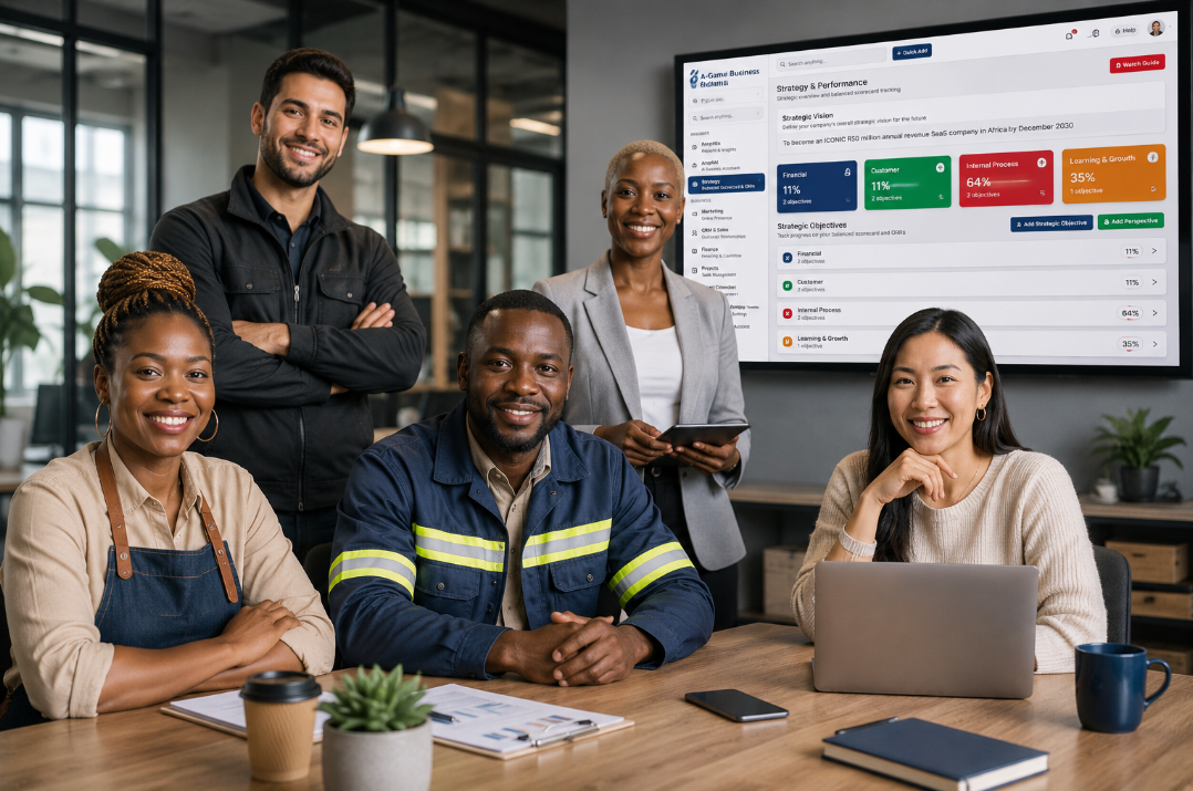 Diverse team of entrepreneurs reviewing the A-Game Business strategy dashboard