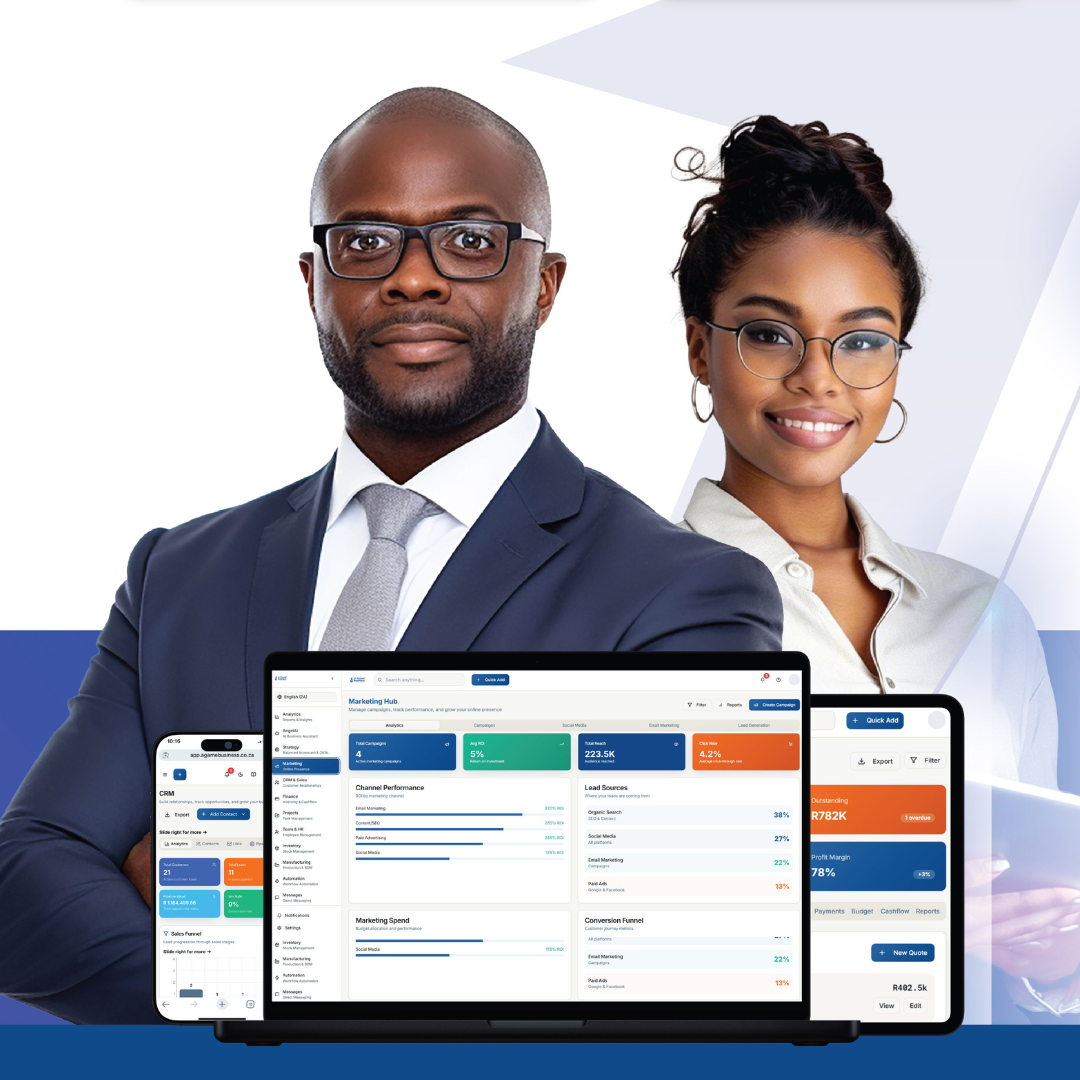 A-Game Business operating system shown across mobile, laptop and tablet